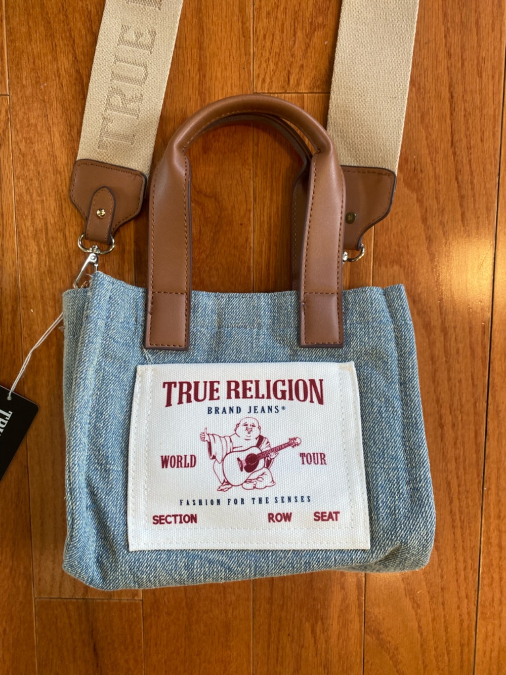 True Religion Denim Tote with Tan Leather Handles and Cream Strap